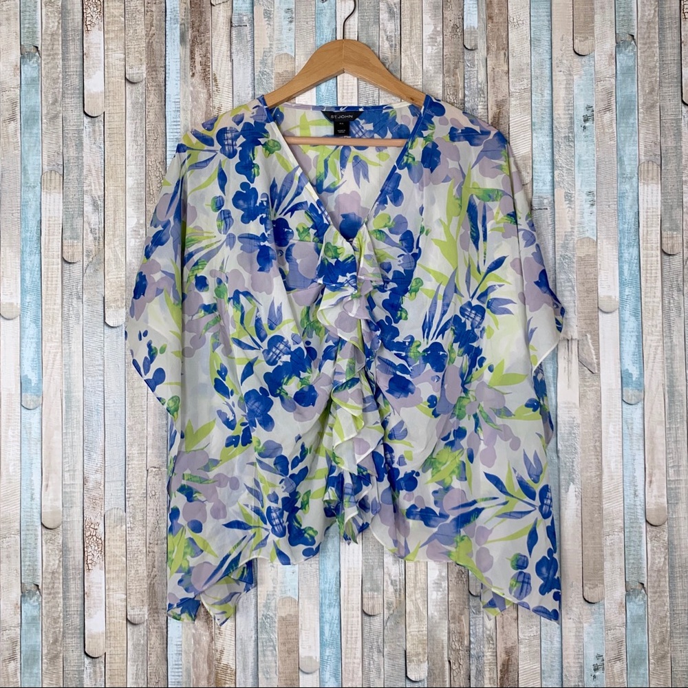 St John XS S Floral Silk Ruffle Kimono Blouse Top